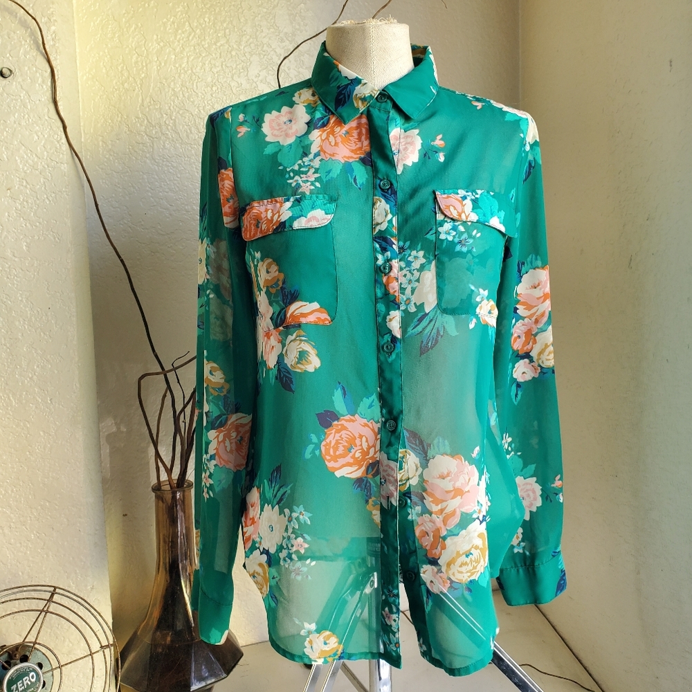 Sheer Floral Print Button Blouse